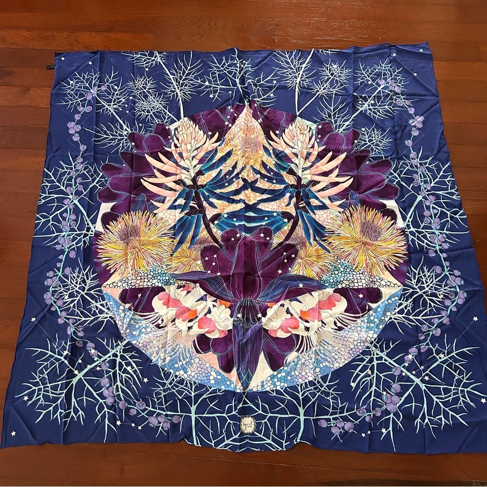Forget Me Not Twilight Flower Silk Crepe de Chine Scarf Navy Botanical Print 48” - Picture 5 of 7